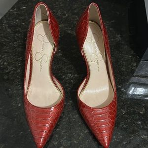 Jessica Simpson d’Orsay red patent snake skin pumps